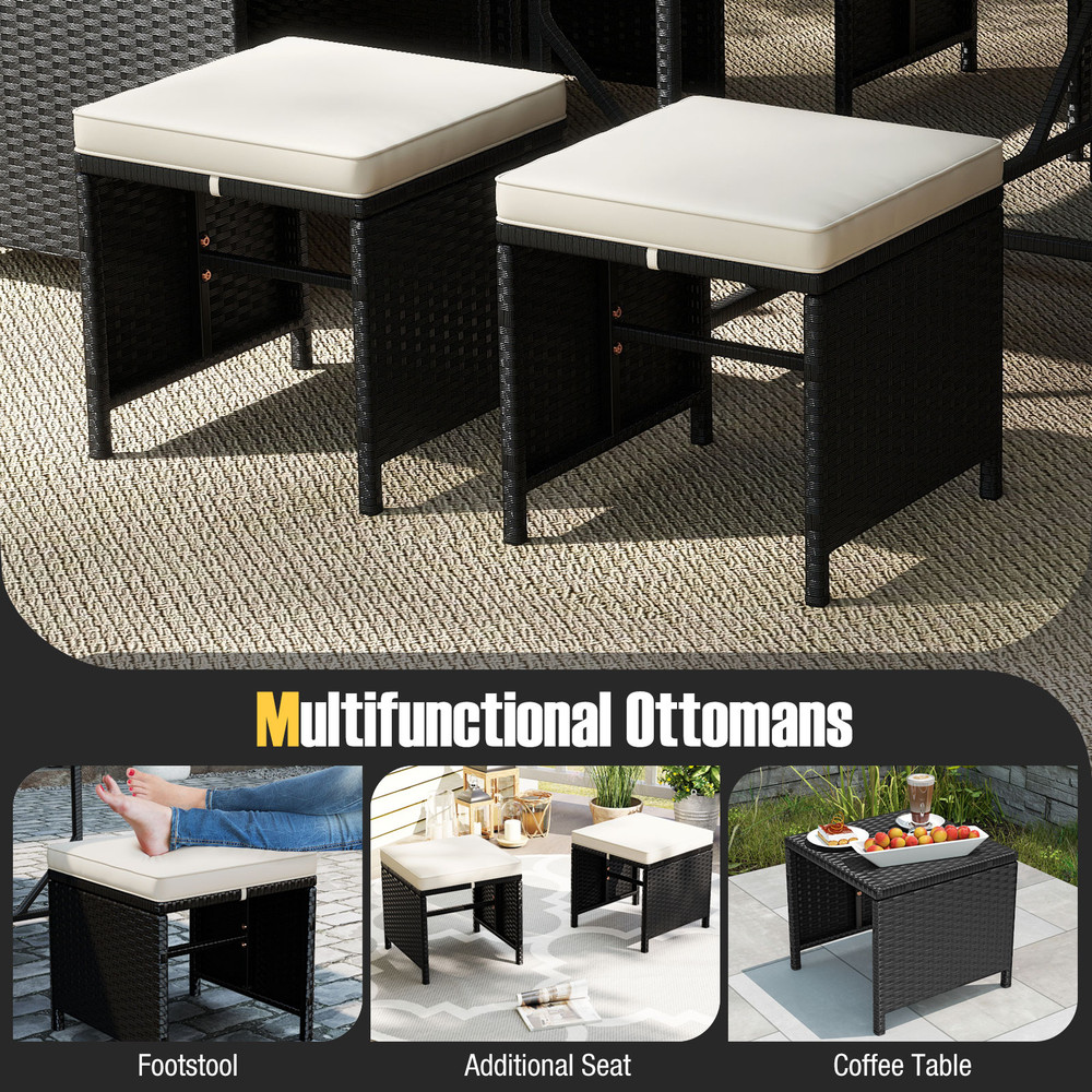 Modern Patio Dining Set With Tempered Glass Table And Cushioned Ottomans SpaceSaving Outdoor Furnit 5