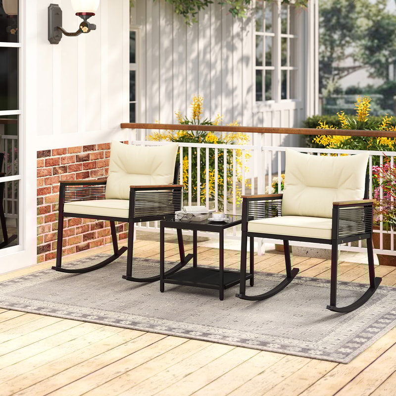 Outdoor PE Rattan Rocking Bistro Set With Cushioned Chairs Glass Coffee Table For Patio Balcony Or 2