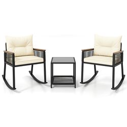 outdoor pe rattan rocking bistro set with cushioned chairs & glass coffee table for patio, balcony, or garden