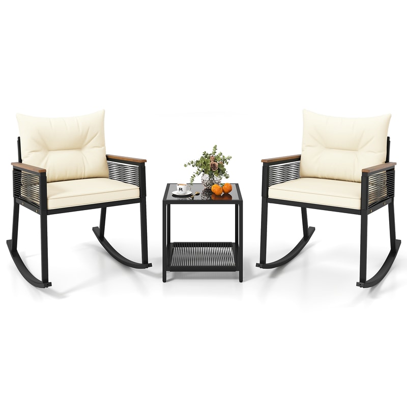 Outdoor PE Rattan Rocking Bistro Set With Cushioned Chairs Glass Coffee Table For Patio Balcony Or 7