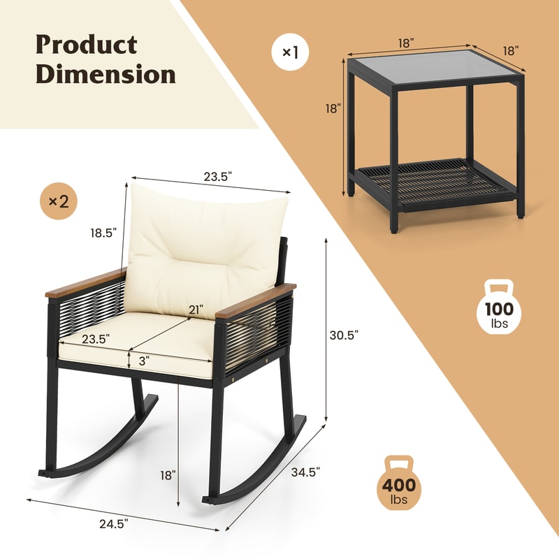 Outdoor PE Rattan Rocking Bistro Set With Cushioned Chairs Glass Coffee Table For Patio Balcony Or 6