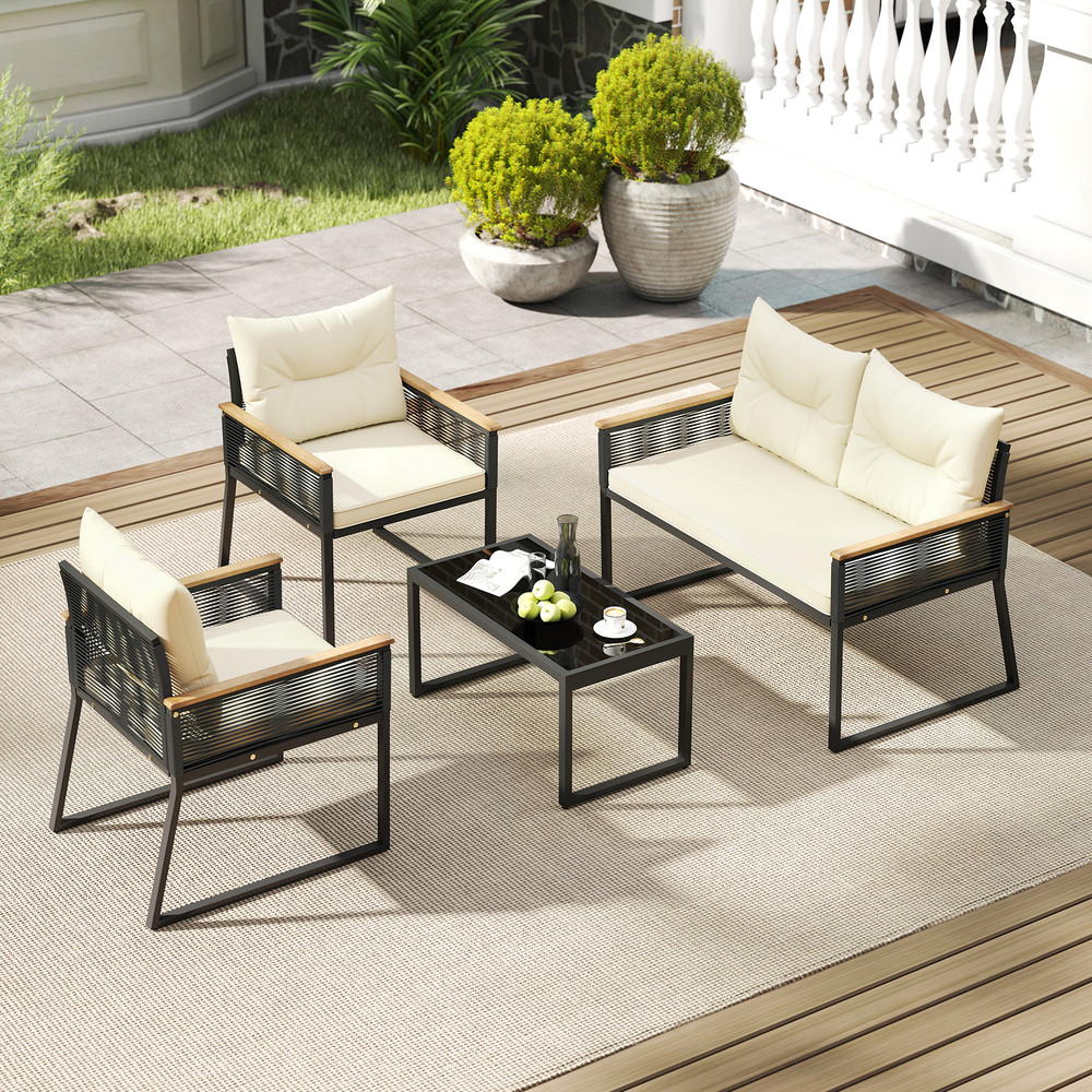 Outdoor Conversation Set Patio Furniture Set With Tempered Glass Coffee Table And PE Rattan Chairs  1
