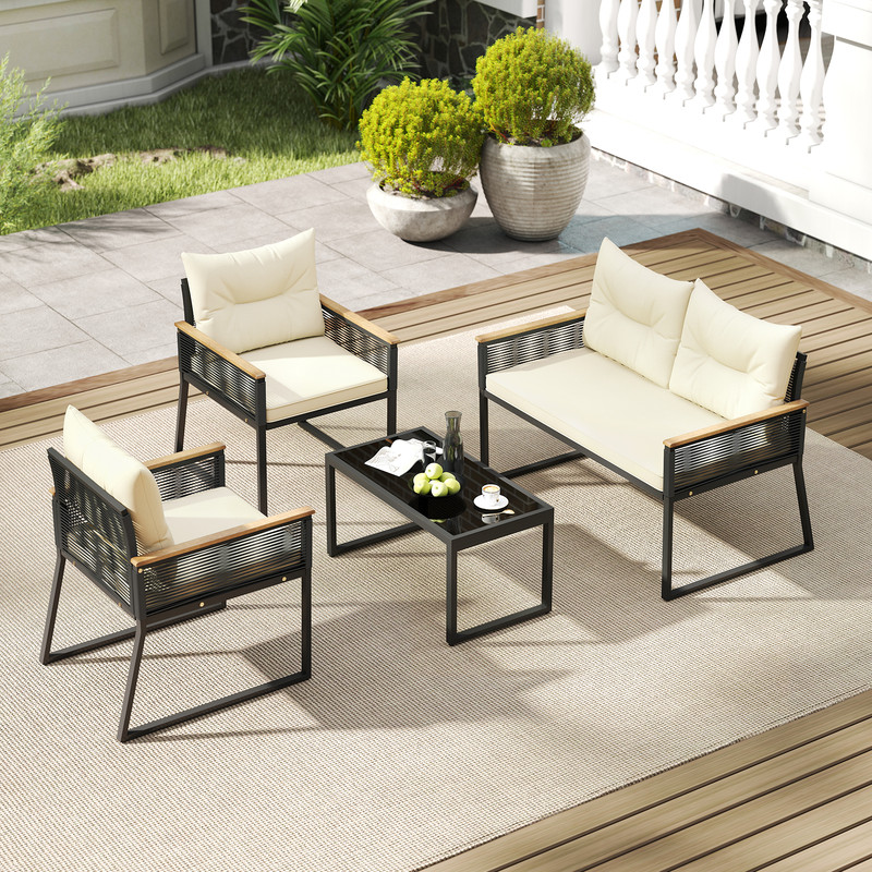 Outdoor Conversation Set Patio Furniture Set With Tempered Glass Coffee Table And PE Rattan Chairs  1