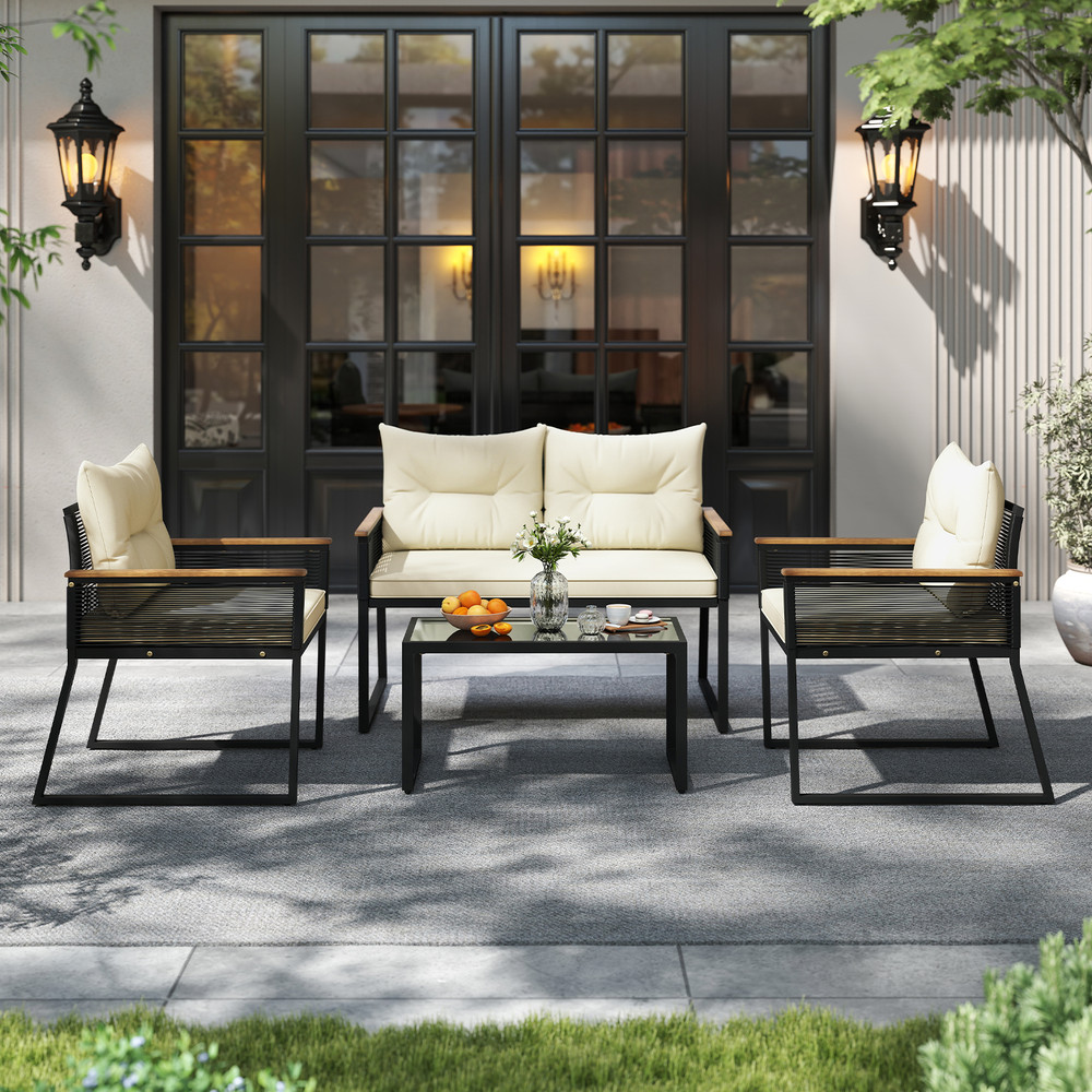 Outdoor Conversation Set Patio Furniture Set With Tempered Glass Coffee Table And PE Rattan Chairs  2