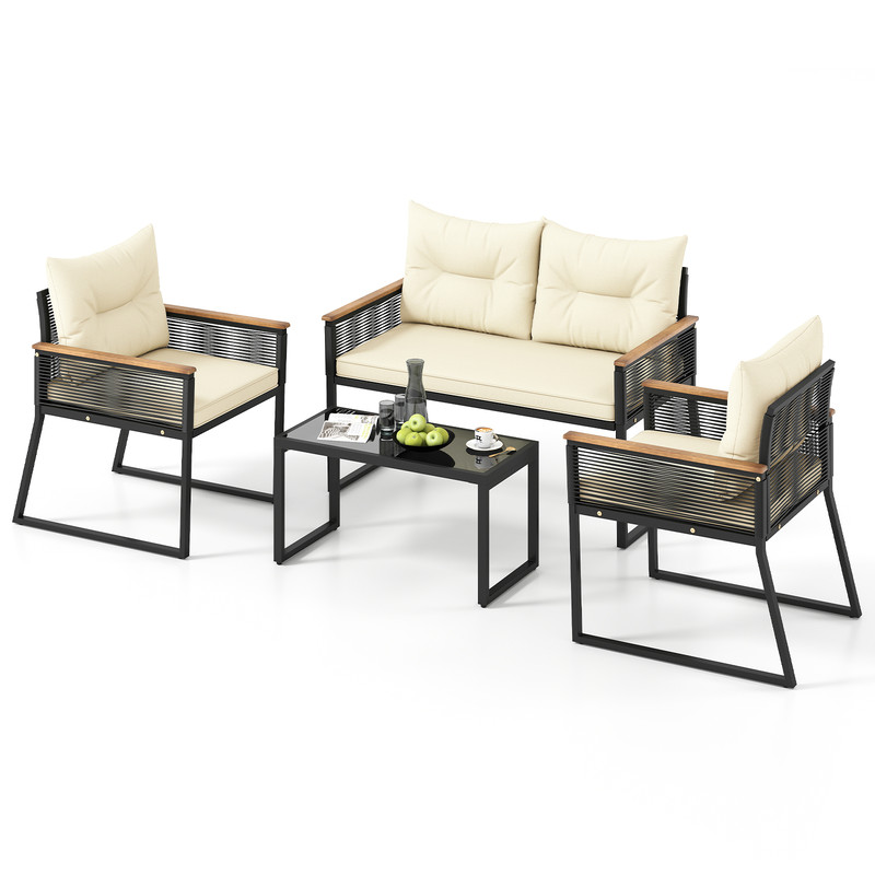 Outdoor Conversation Set Patio Furniture Set With Tempered Glass Coffee Table And PE Rattan Chairs  7
