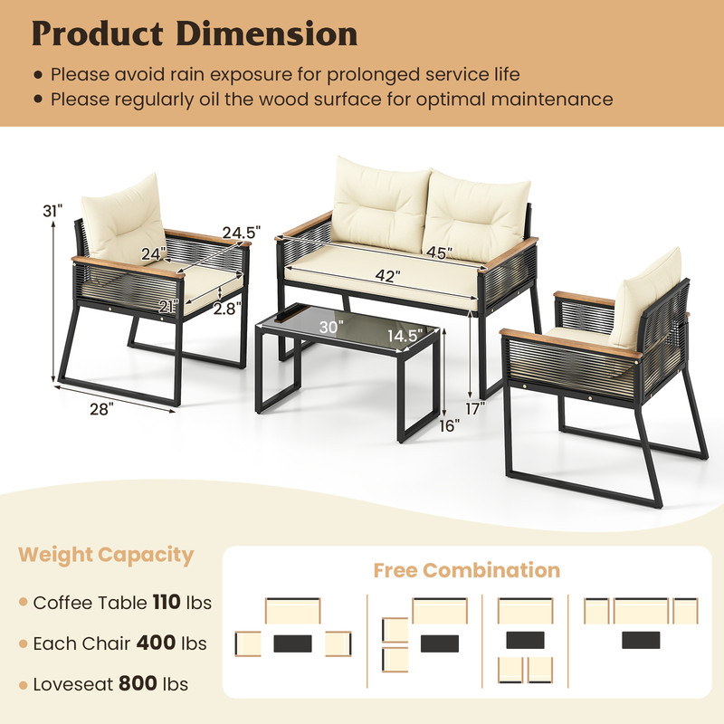 Outdoor Conversation Set Patio Furniture Set With Tempered Glass Coffee Table And PE Rattan Chairs  6