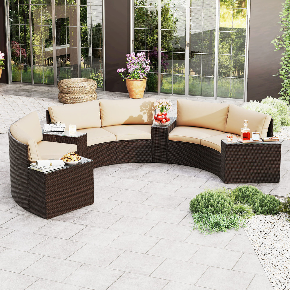 Outdoor PE Rattan Patio Furniture Set With HalfMoon Curved Sofas  Side Tables AllWeather Sectional  1