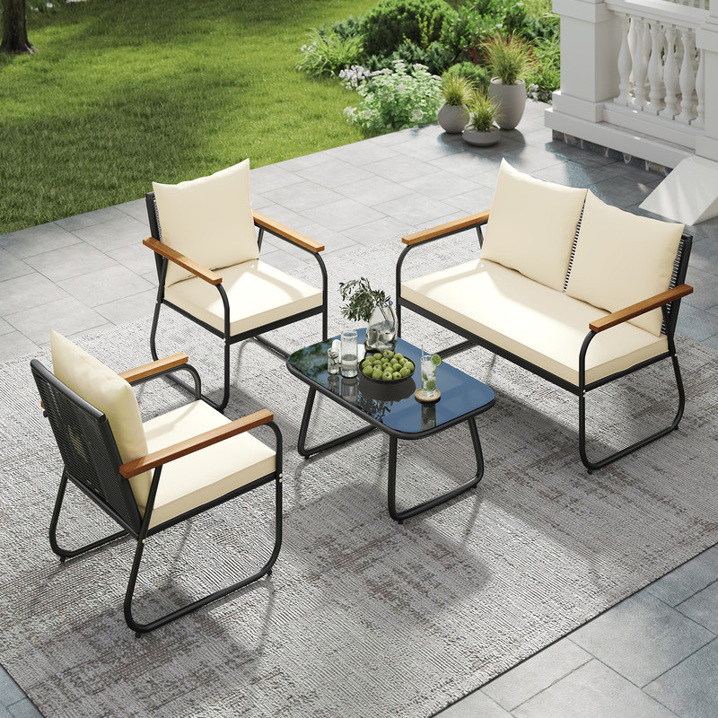 Outdoor Patio Furniture Set With Tempered Glass Table PE Rattan Sofa Set With Loveseat Armchairs  R 2