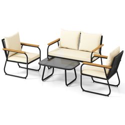 outdoor patio furniture set with tempered glass table, pe rattan sofa set with loveseat, armchairs & removable cushions
