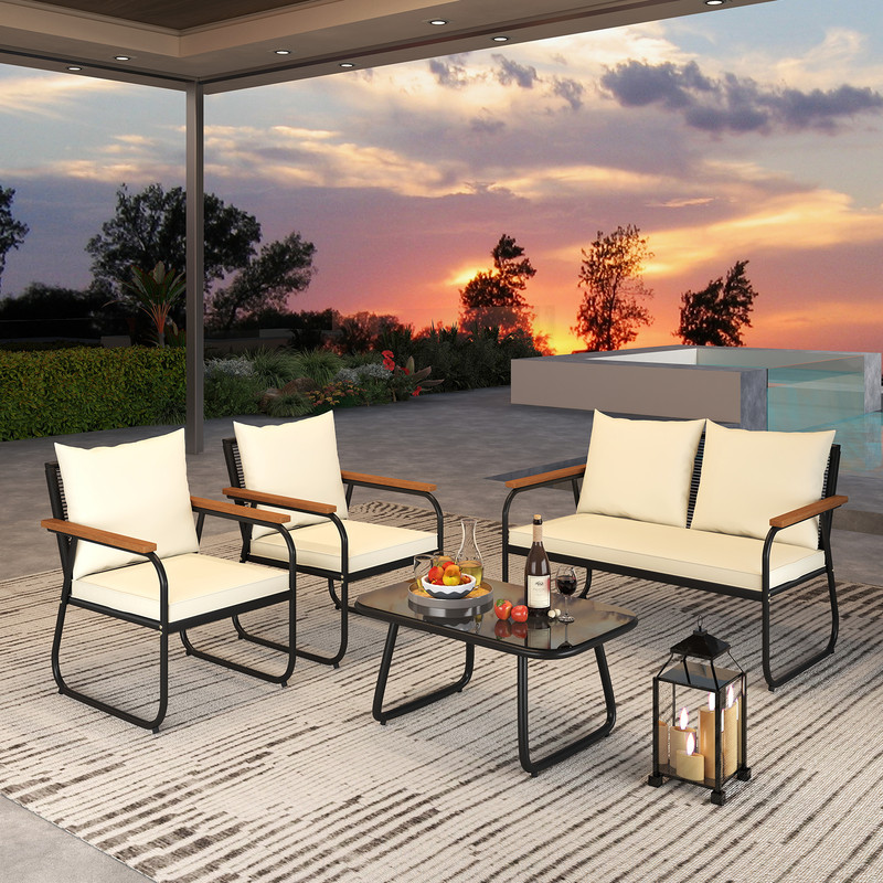 Outdoor Patio Furniture Set With Tempered Glass Table PE Rattan Sofa Set With Loveseat Armchairs  R 3