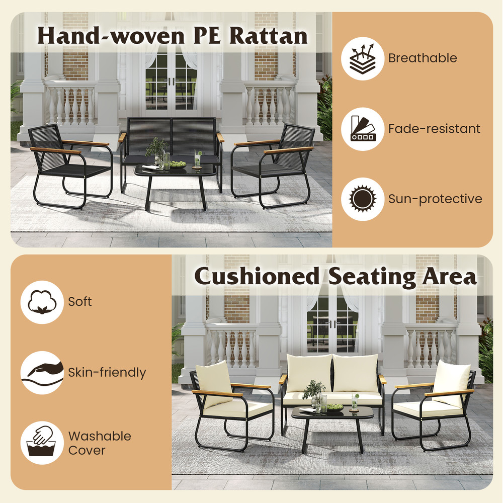 Outdoor Patio Furniture Set With Tempered Glass Table PE Rattan Sofa Set With Loveseat Armchairs  R 6