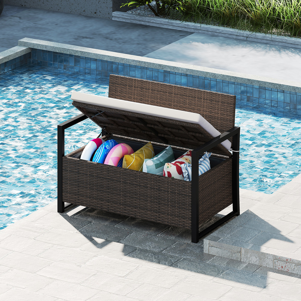 Rattan Patio Storage Bench Weatherproof Wide Seat  Large UnderSeat Compartment 1