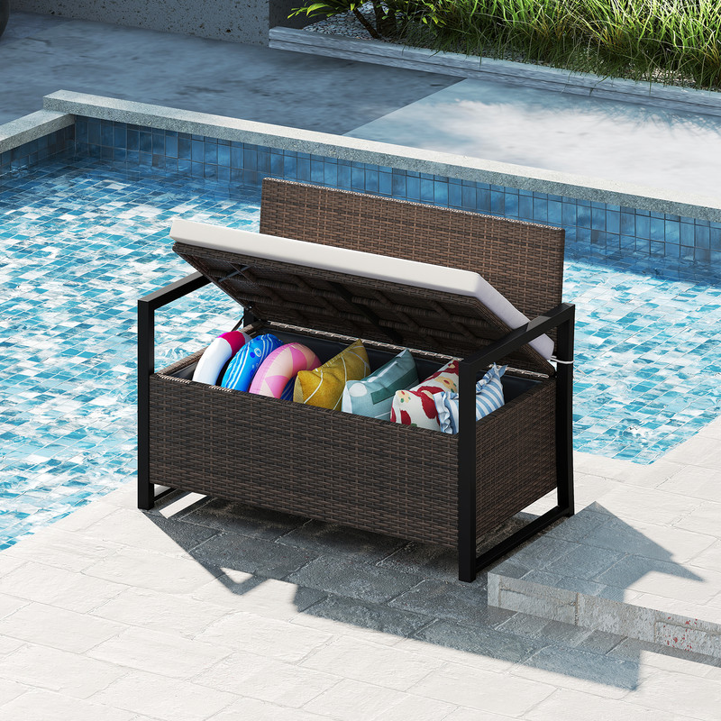 Rattan Patio Storage Bench Weatherproof Wide Seat  Large UnderSeat Compartment 1