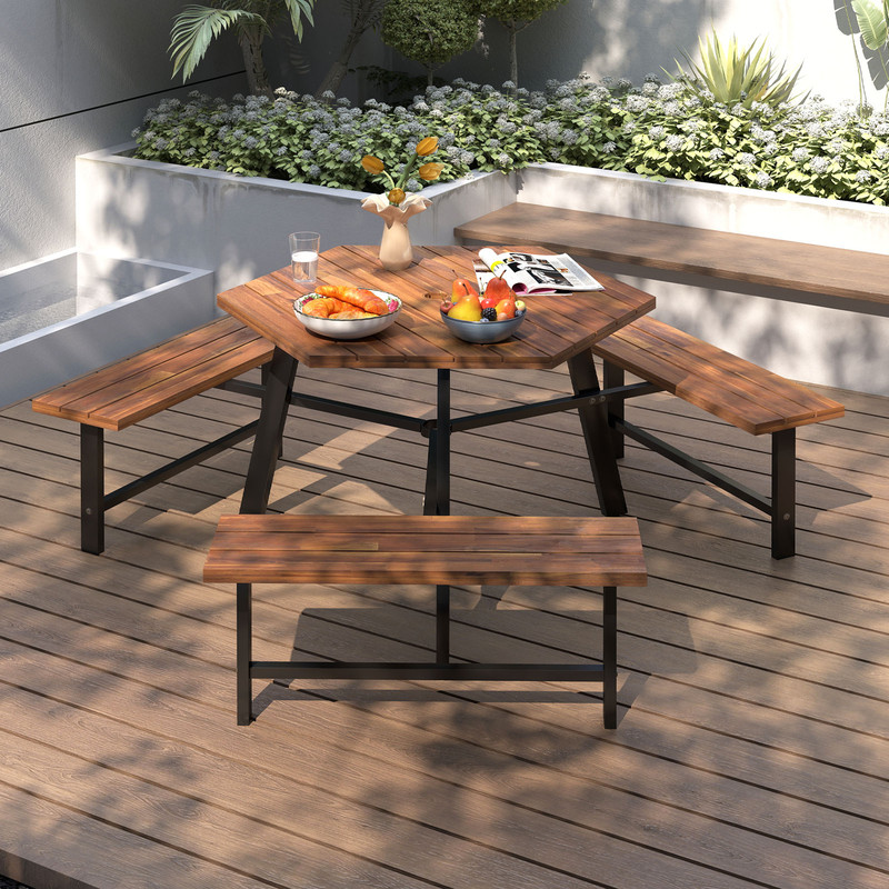 6Person Acacia Wood Picnic Table  Bench Set HeavyDuty Outdoor Dining Set With 3 Seats 0