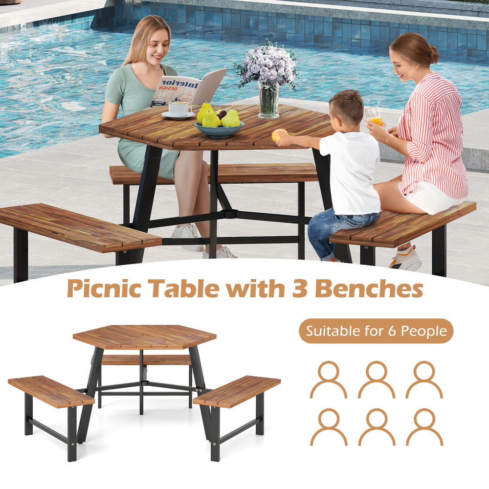 6Person Acacia Wood Picnic Table  Bench Set HeavyDuty Outdoor Dining Set With 3 Seats 3