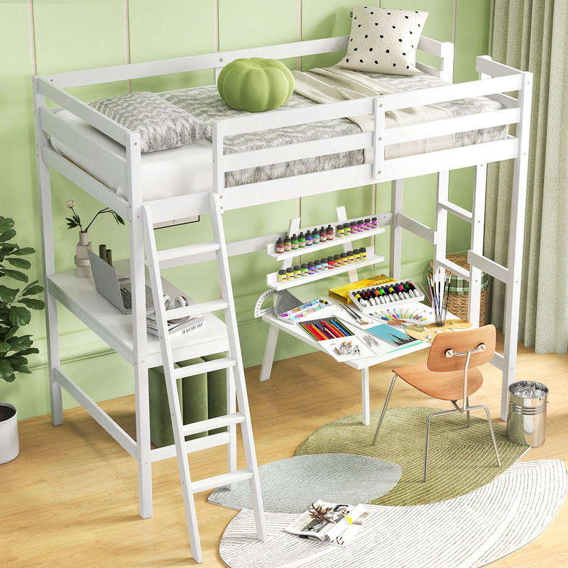 Twin Size Loft Bed Frame With Angled Desk  Builtin LadderWhite SpaceSaving Modern Design 0