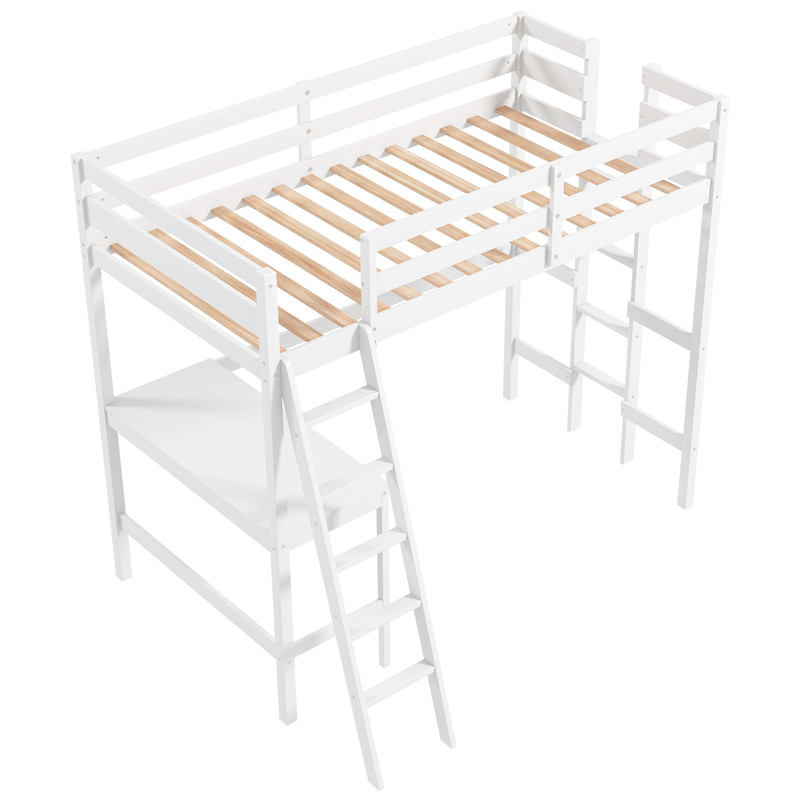 Twin Size Loft Bed Frame With Angled Desk  Builtin LadderWhite SpaceSaving Modern Design 7