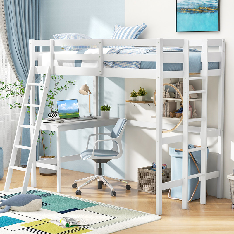 Twin Size Loft Bed Frame With Angled Desk  Builtin LadderWhite SpaceSaving Modern Design 6