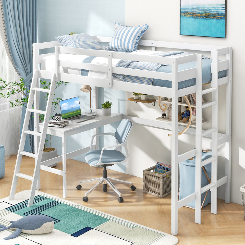 Twin Size Loft Bed Frame With Angled Desk  Builtin LadderWhite SpaceSaving Modern Design 4