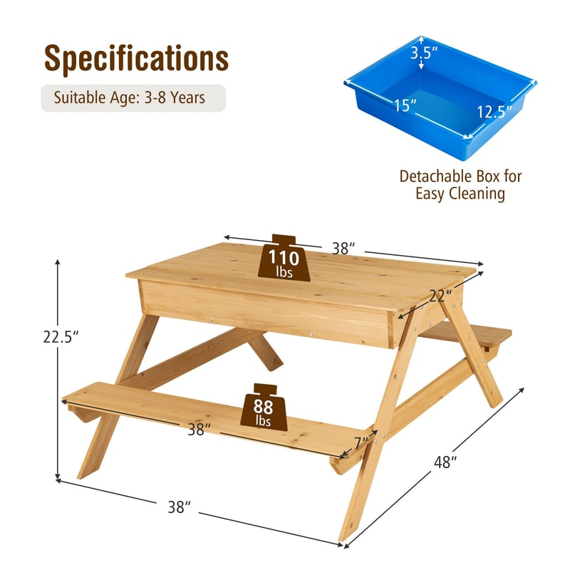 3in1 Kids Picnic Table Wooden Outdoor Water Sand Table With Play Boxes MultiActivity Play Set 4