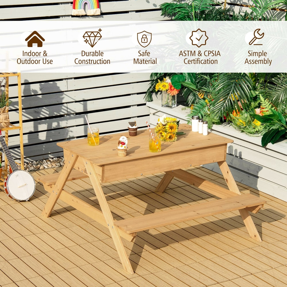 3in1 Kids Picnic Table Wooden Outdoor Water Sand Table With Play Boxes MultiActivity Play Set 5