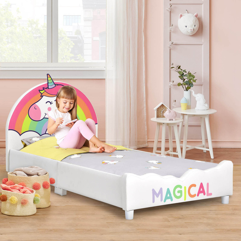 Kids Upholstered Twin Size Platform Bed Sturdy Single Bed With Soft Headboard  Secure Side Rails 1