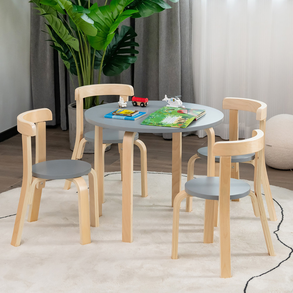 5Piece Kids Wooden Curved Back Activity Table  Chair Set With Toy Bricks Durable  SpaceSaving 0
