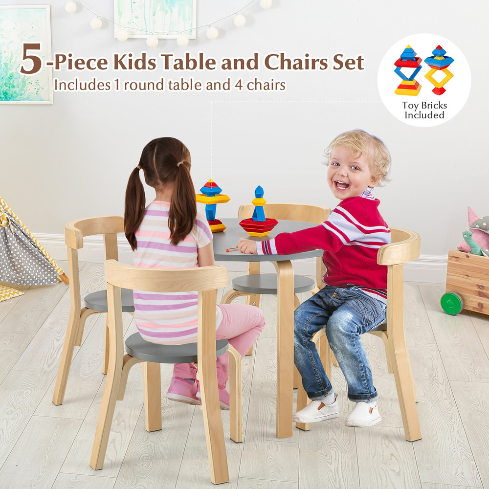 5Piece Kids Wooden Curved Back Activity Table  Chair Set With Toy Bricks Durable  SpaceSaving 3