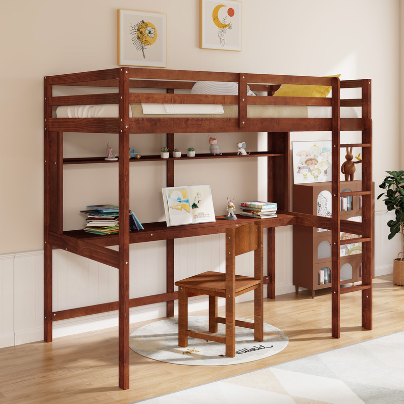 Twin Size Solid Wood Slatted Loft Bed Frame With Safety Guardrail For Kids 3in1 SpaceSaving Design 0