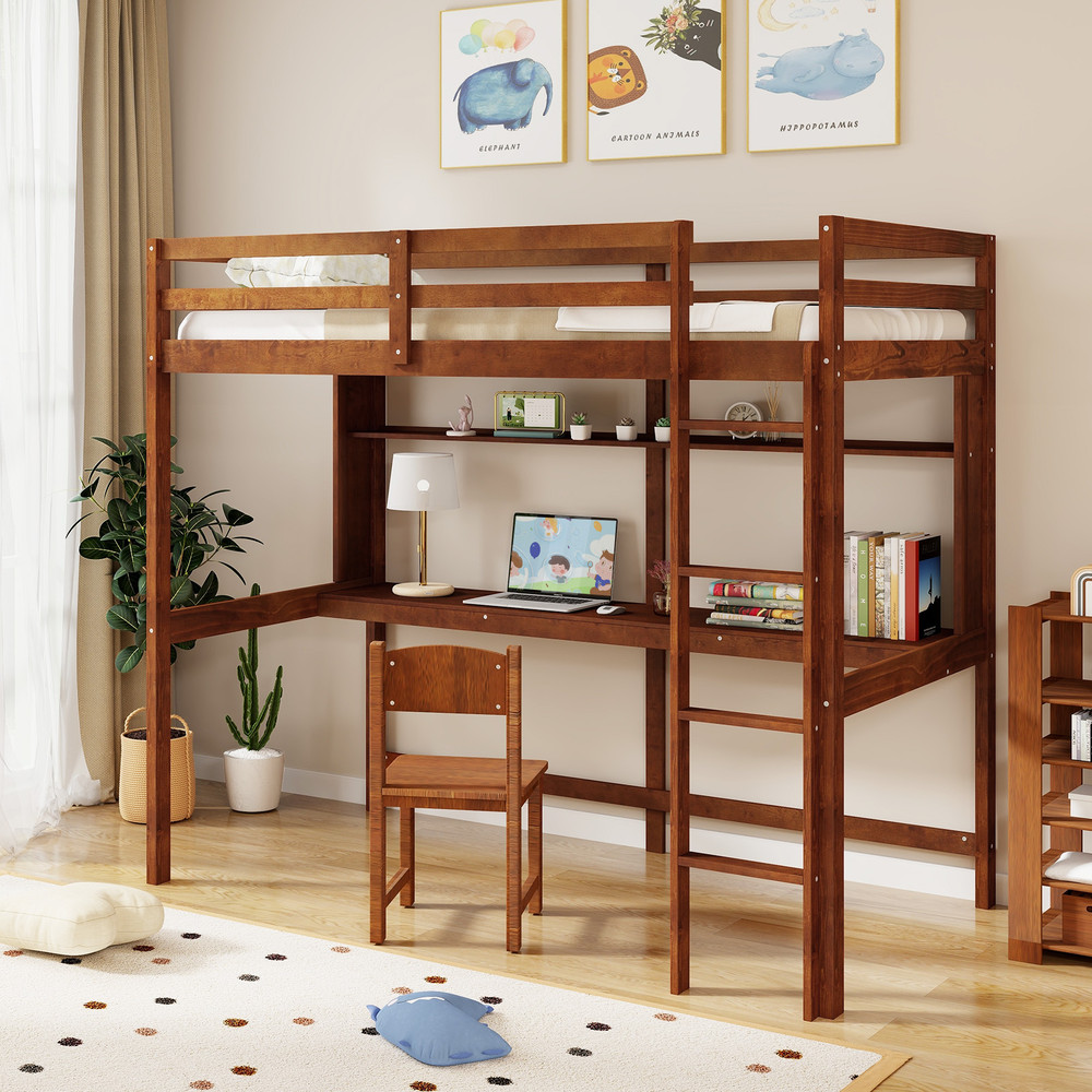 Twin Size Solid Wood Slatted Loft Bed Frame With Safety Guardrail For Kids 3in1 SpaceSaving Design 1