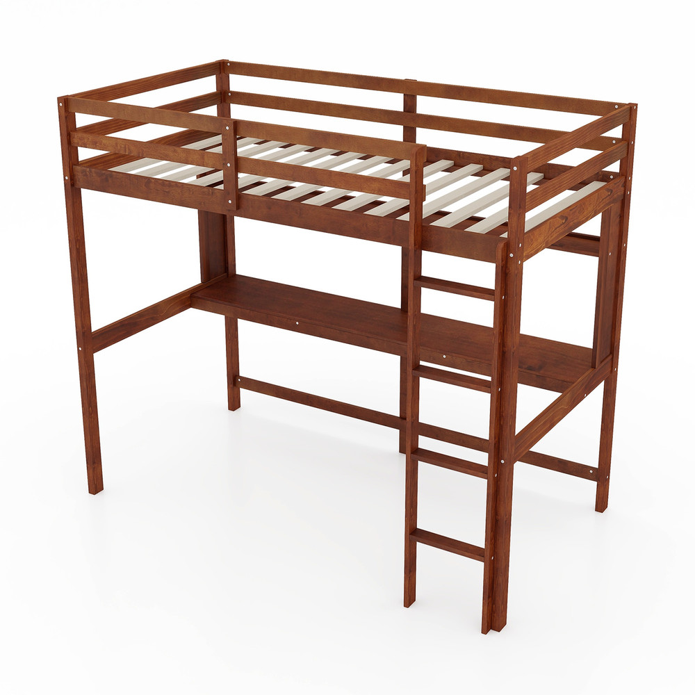 Twin Size Solid Wood Slatted Loft Bed Frame With Safety Guardrail For Kids 3in1 SpaceSaving Design 6