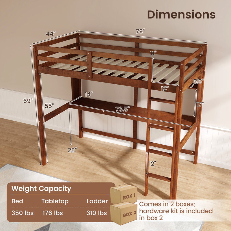 Twin Size Solid Wood Slatted Loft Bed Frame With Safety Guardrail For Kids 3in1 SpaceSaving Design 5