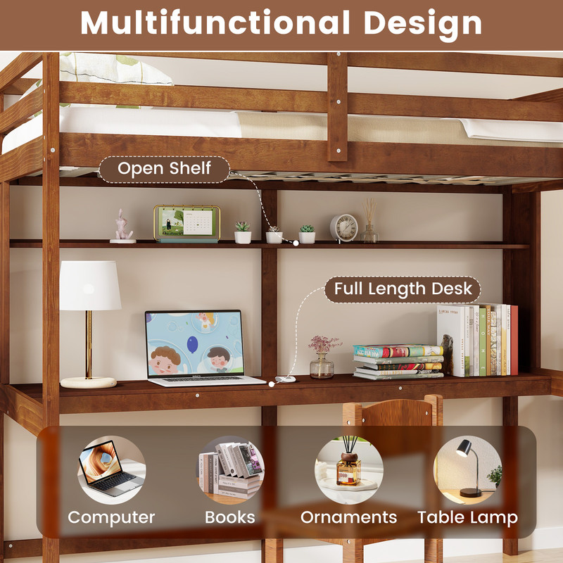 Twin Size Solid Wood Slatted Loft Bed Frame With Safety Guardrail For Kids 3in1 SpaceSaving Design 4
