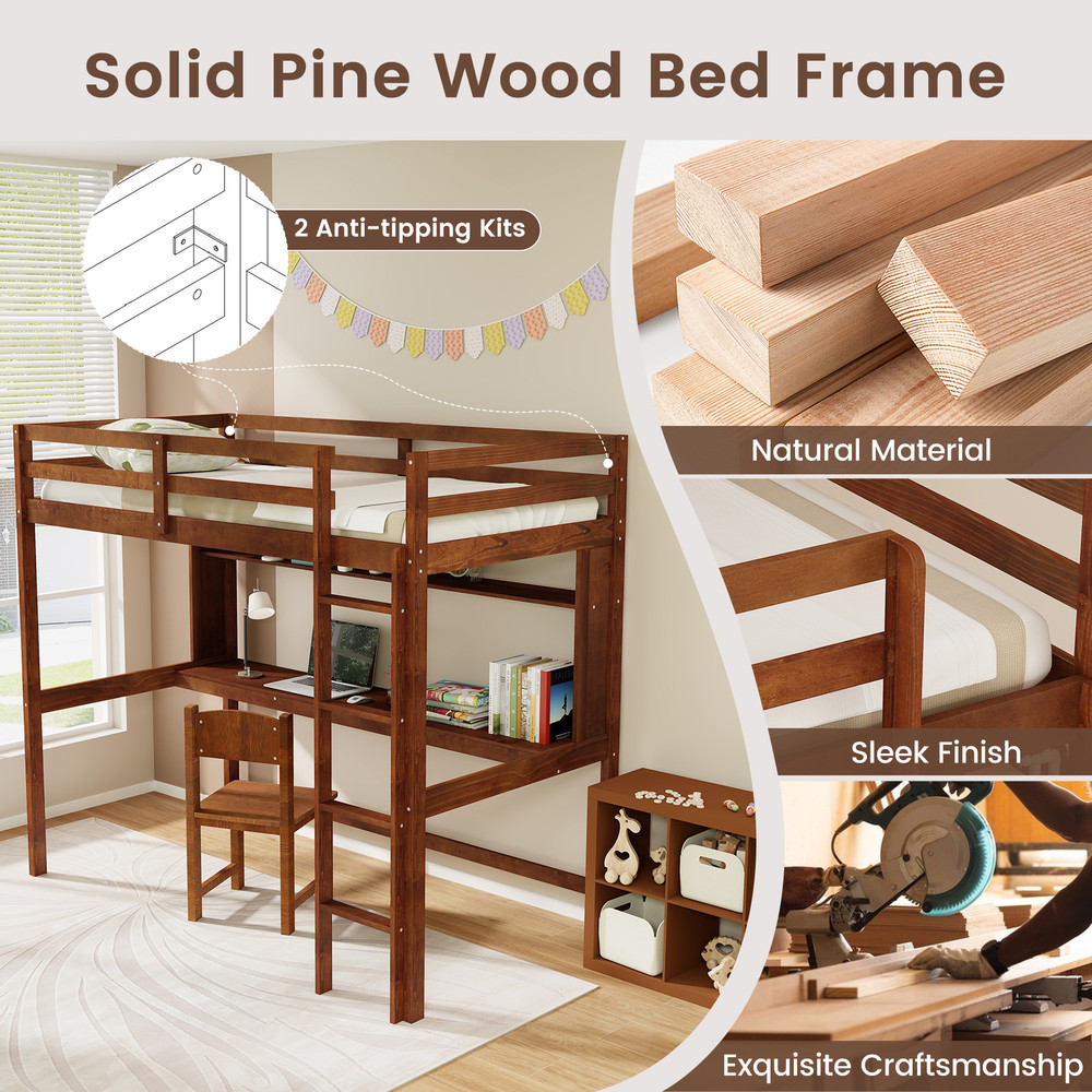 Twin Size Solid Wood Slatted Loft Bed Frame With Safety Guardrail For Kids 3in1 SpaceSaving Design 2