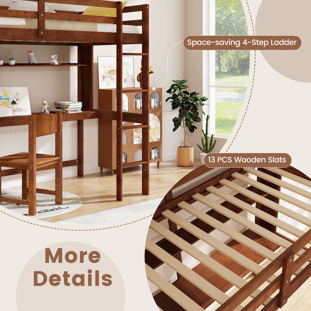 Twin Size Solid Wood Slatted Loft Bed Frame With Safety Guardrail For Kids 3in1 SpaceSaving Design 3