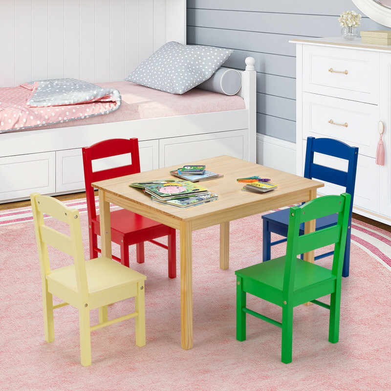 Wooden Childrens Table  Chair Set 5Piece Playroom Furniture For Creative Activities  Learning 0