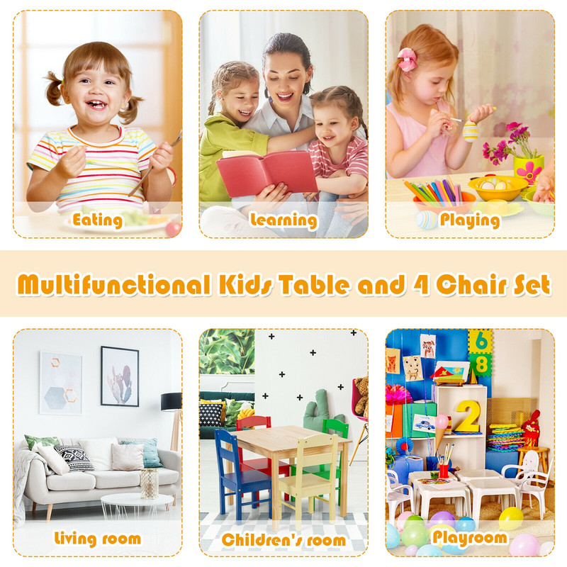 Wooden Childrens Table  Chair Set 5Piece Playroom Furniture For Creative Activities  Learning 2
