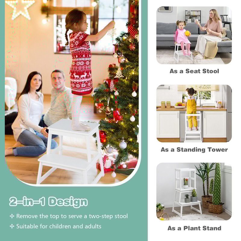 2in1 Multifunctional Toddler Step Stool With Safety Rail Solid Wood Kids Helper For Bathroom Kitch 3