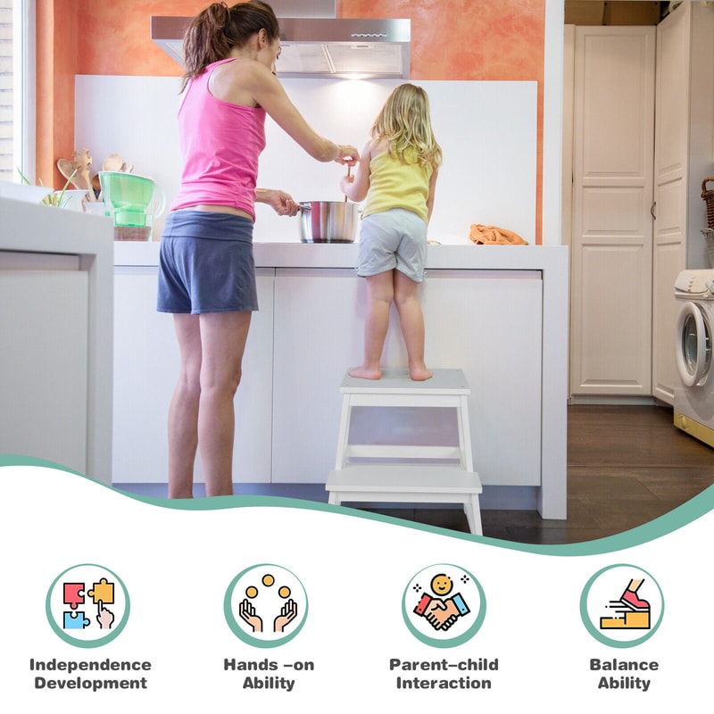 2in1 Multifunctional Toddler Step Stool With Safety Rail Solid Wood Kids Helper For Bathroom Kitch 2