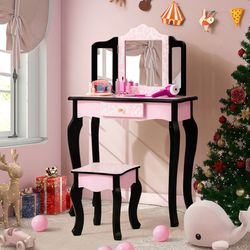 kid vanity set with tri-folding mirror & leopard print, pretend play dresser table & stool for girls