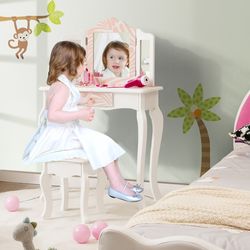 tri-folding mirror kids vanity set, 2-in-1 zebra print vanity table & stool for girls pretend play