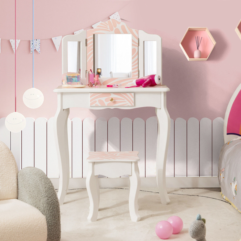 TriFolding Mirror Kids Vanity Set 2in1 Zebra Print Vanity Table  Stool For Girls Pretend Play 1