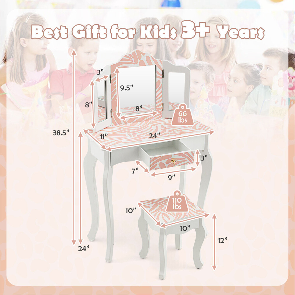 TriFolding Mirror Kids Vanity Set 2in1 Zebra Print Vanity Table  Stool For Girls Pretend Play 5