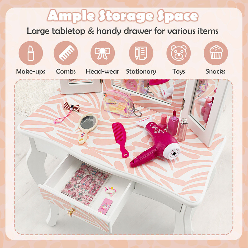 TriFolding Mirror Kids Vanity Set 2in1 Zebra Print Vanity Table  Stool For Girls Pretend Play 2