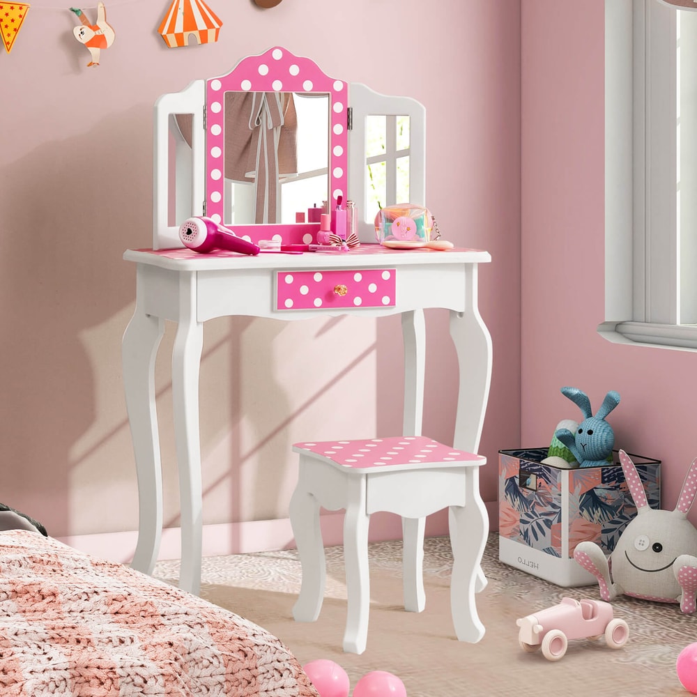 Polka Dot Print Kids Vanity Set TriFolding Mirror Vanity Table Stool With Storage Drawer 0