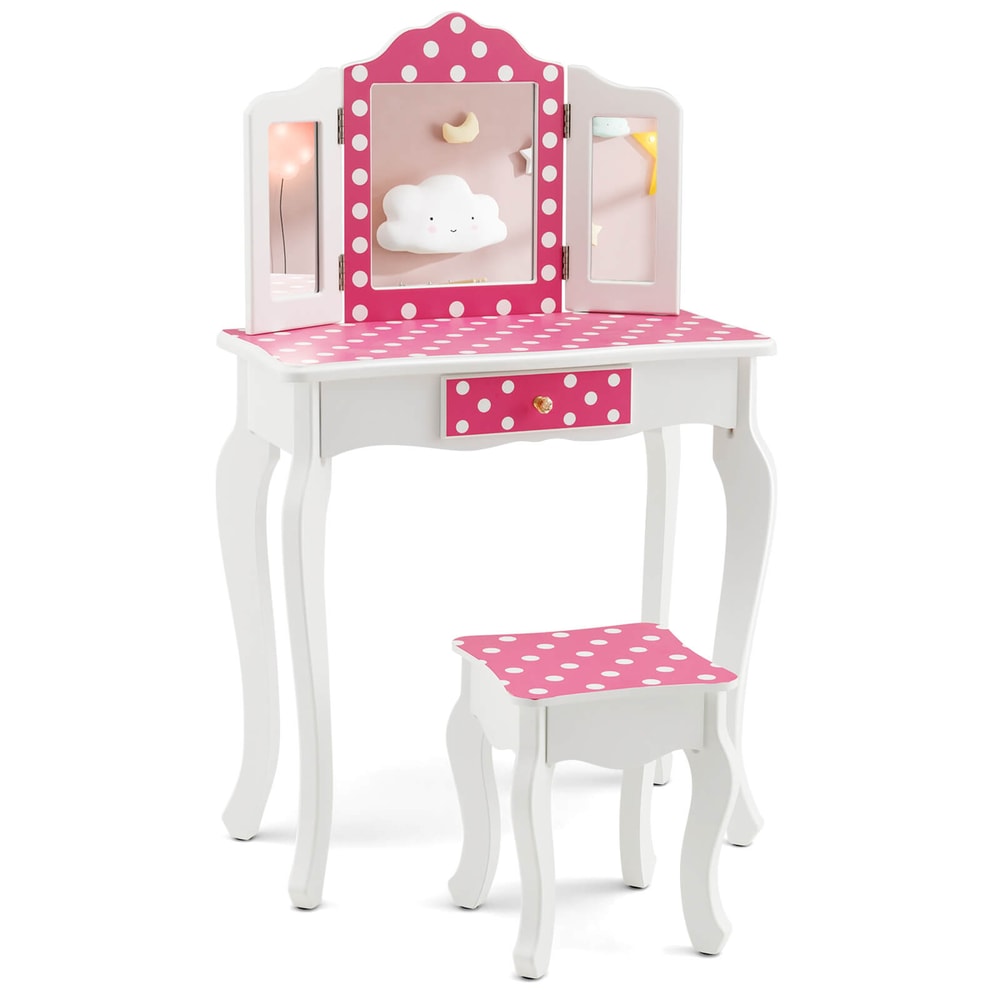 Polka Dot Print Kids Vanity Set TriFolding Mirror Vanity Table Stool With Storage Drawer 6