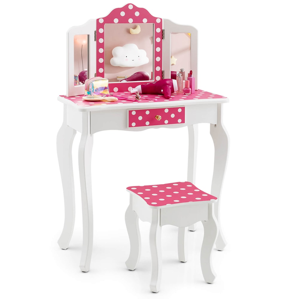 Polka Dot Print Kids Vanity Set TriFolding Mirror Vanity Table Stool With Storage Drawer 7