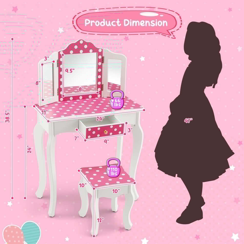 Polka Dot Print Kids Vanity Set TriFolding Mirror Vanity Table Stool With Storage Drawer 4