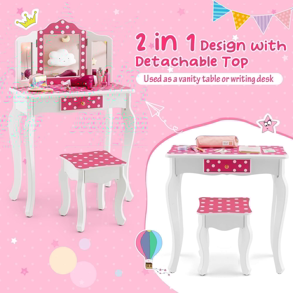 Polka Dot Print Kids Vanity Set TriFolding Mirror Vanity Table Stool With Storage Drawer 3