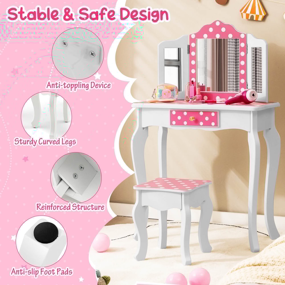 Polka Dot Print Kids Vanity Set TriFolding Mirror Vanity Table Stool With Storage Drawer 5